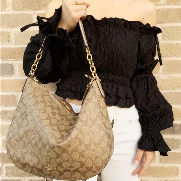 Coach  Hobo Top Zop Shoulder Bag Khaki Signature - Picture 5 of 6